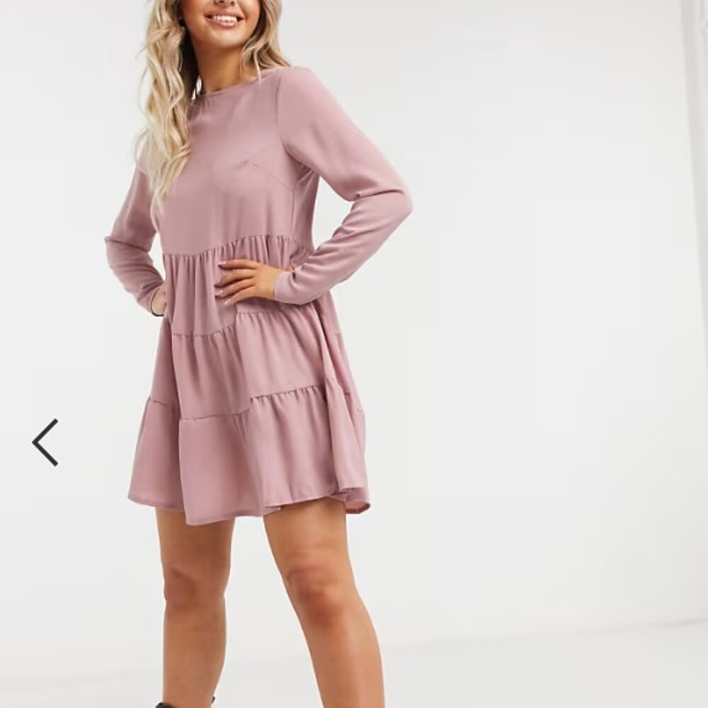 Missguided Tiered Smock Mini Dress | Blush Pink | Long Sleeve | Size 14